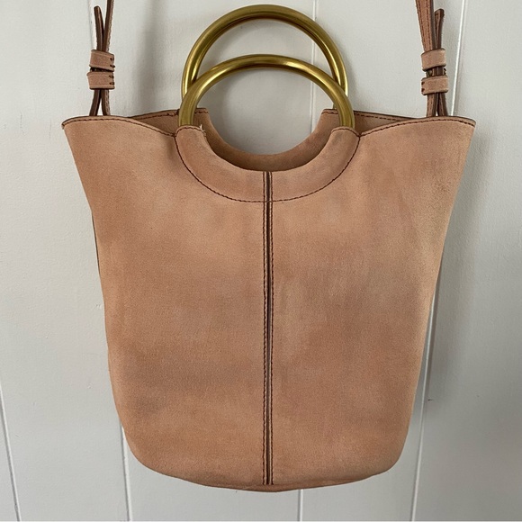 J Crew Blush Pink Suede Bracelet Bucket Crossbody Gold Italian Leather Frankie - Picture 3 of 16